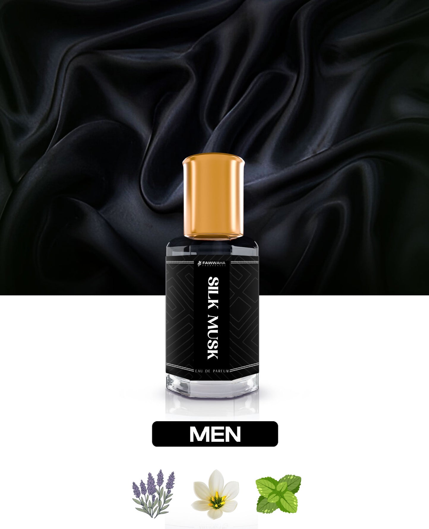 Fawwaha Fragrances silk musk arabic attar for men in a black bottle with gold cap on black silk fabric background