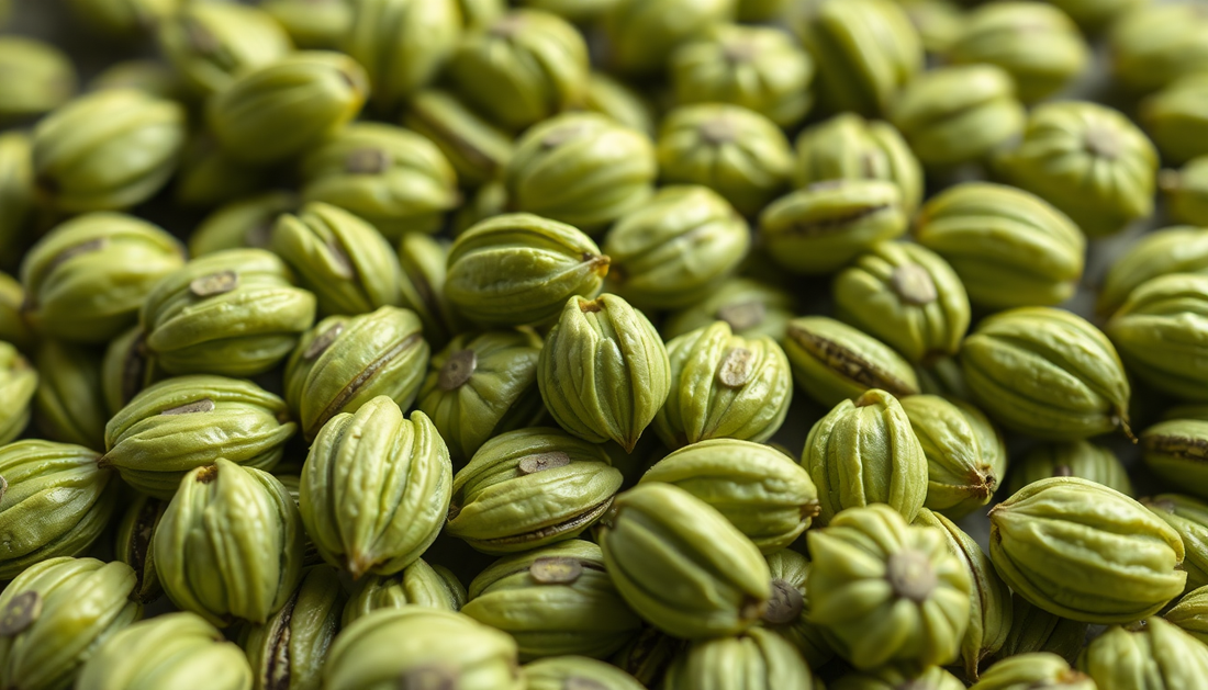 generate a realistic image of multiple cardamom seeds green