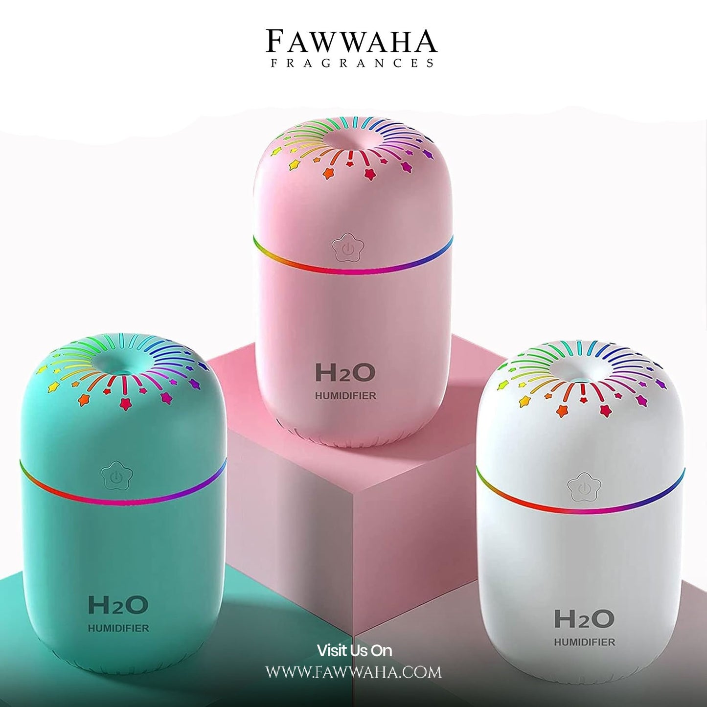 Best Humidifiers in Pakistan Cool Mist and Air Humidifiers for Room Use by Fawwaha Fragrances in pastel pink white and teal colors