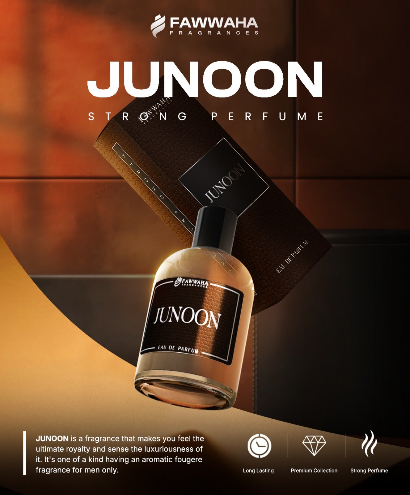 Junoon long lasting perfume by Fawwaha Fragrances with brown bottle and elegant packaging