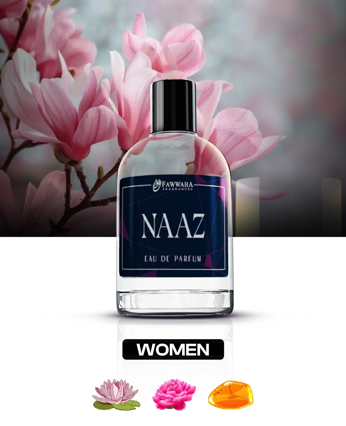Naaz – Inspired by Crystal Versace Bright Eau de Parfum for Women by Fawwaha Fragrances with pink flowers background