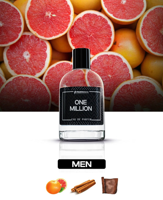 Fawwaha Fragrances One in Million – Inspired by One Million men's perfume bottle with grapefruit and cinnamon background