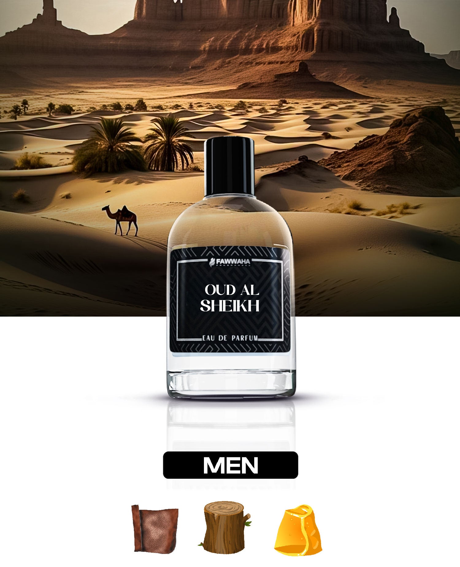 Fawwaha Fragrances oud al sheikh men's eau de parfum bottle with desert background and scent notes