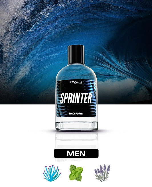 Fawwaha Fragrances Sprinter – Inspired by Cool Water Fresh Aquatic Men’s Perfume bottle with ocean wave background