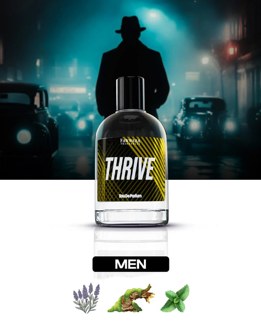 Fawwaha Fragrances Thrive – Inspired by Cartier De Pasha men's eau de parfum bottle with classic vintage background