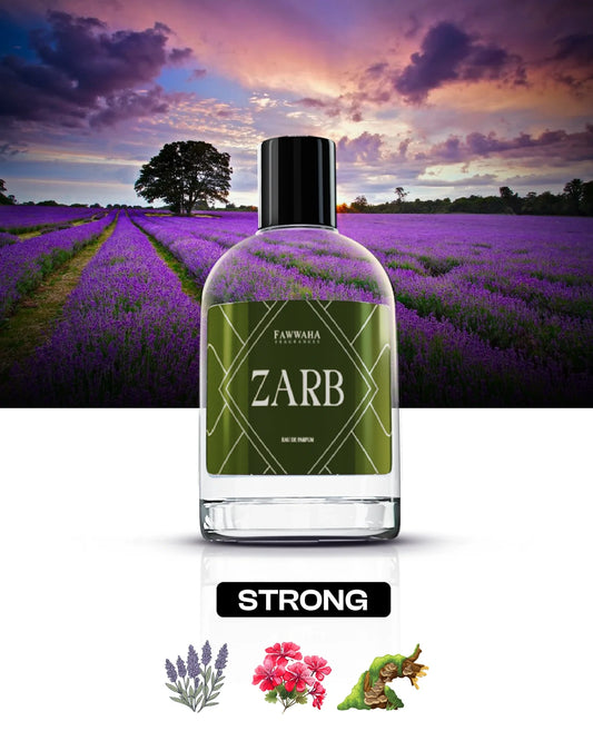 Fawwaha Fragrances Zarb – Inspired by Azzaro strong eau de parfum bottle with lavender field background