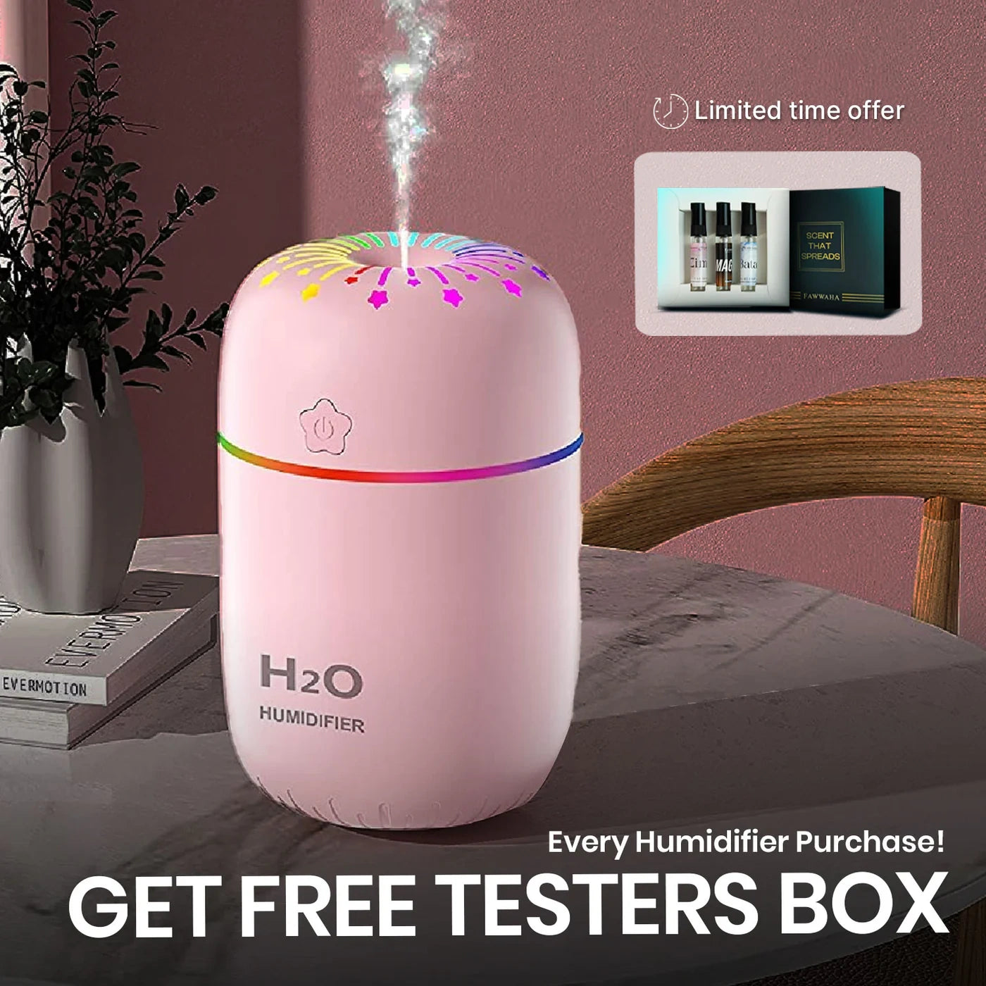 H2O Humidifier With LED Night Light + Pack of 3 Tester Free