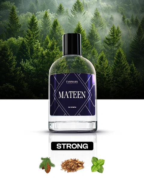 Fawwaha Fragrances Mateen – Inspired by Polo Green perfume bottle with forest background and natural scent notes