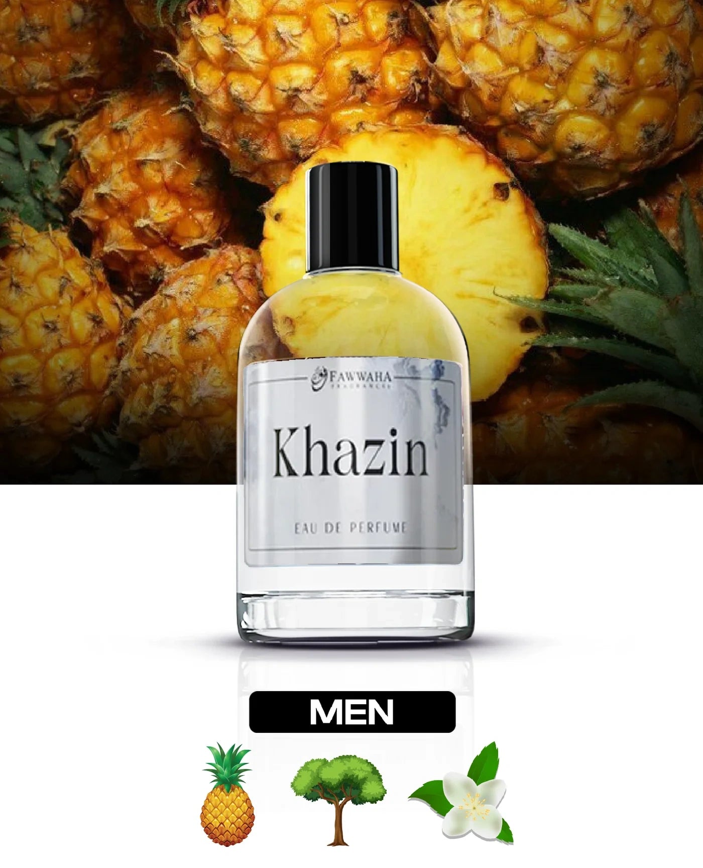Khazin by Fawwaha Fragrances bottle with pineapple background Khazin – Inspired by Creed Aventus Long Lasting Men’s Perfume