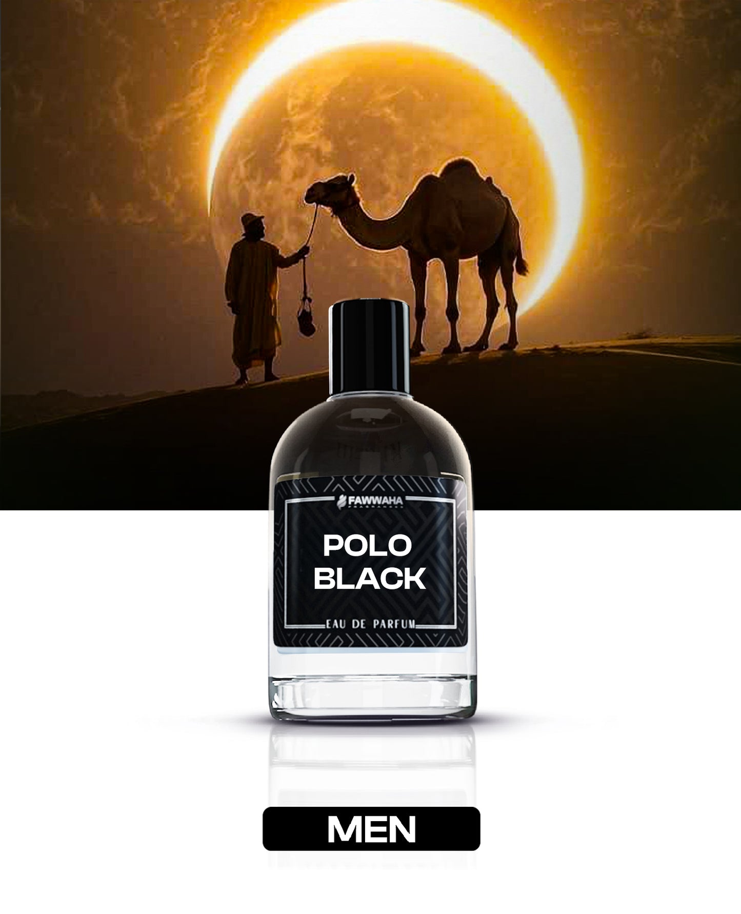 Fawwaha Fragrances Polo Black – Inspired by Ralph Lauren men's eau de parfum bottle with desert camel background